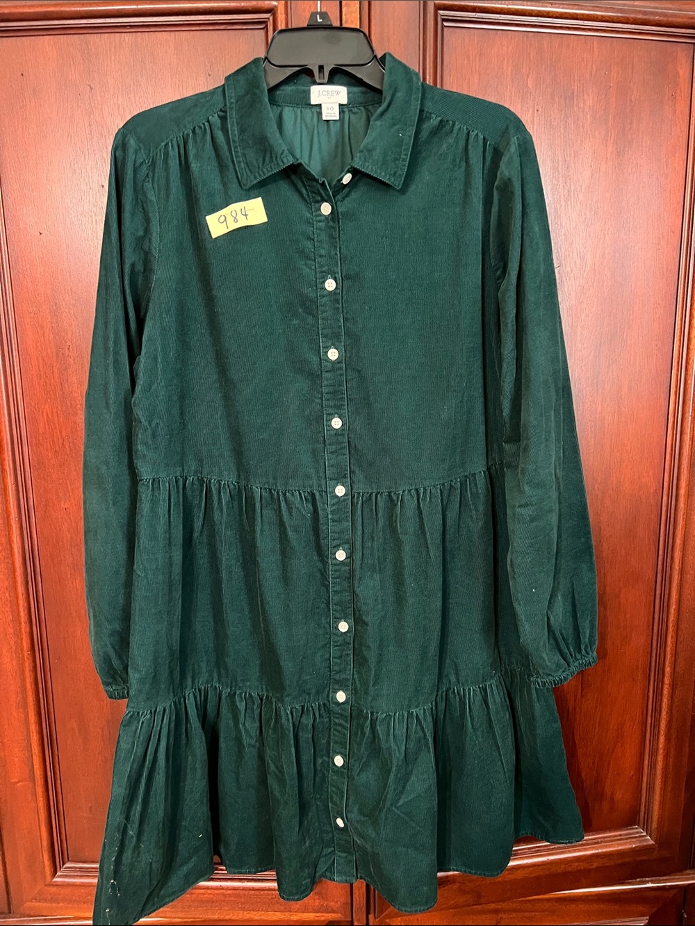 J. Crew Dark Green Corduroy Button-Front Tiered Dress Size 10